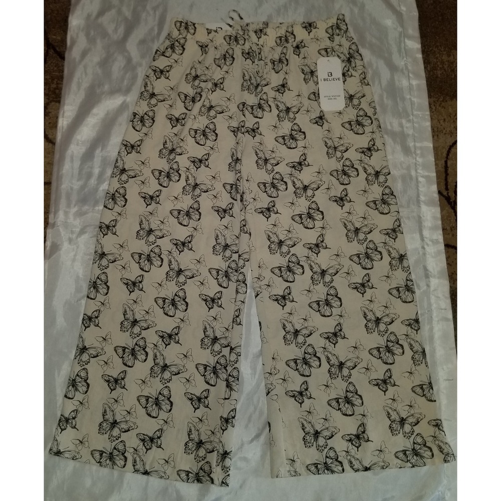 I Believe Wide Leg Pants Women 2XL Ivory Black Butterfly Print EUC WNP1220 - Picture 2 of 6